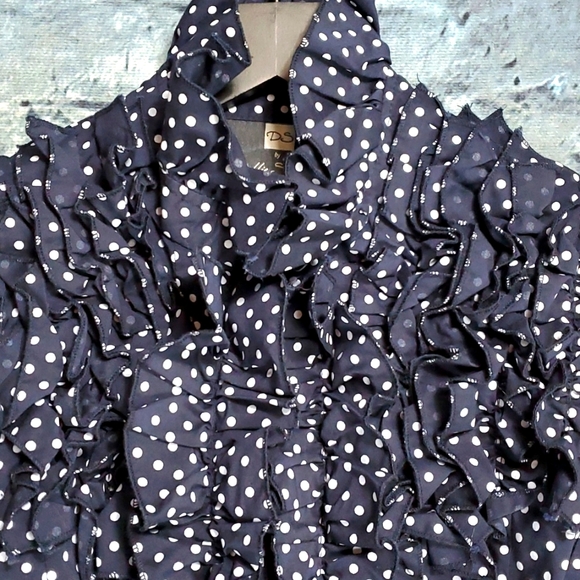 DS by Debbie Shuchat | Retro Style Navy Blue and White Polka Dot Ruffled Blouse - Picture 3 of 9